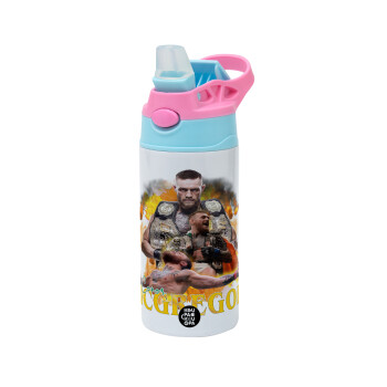 Conor McGregor Notorious, Children's hot water bottle, stainless steel, with safety straw, Pink/BlueCiel (360ml) BPA FREE