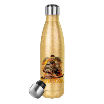 Conor McGregor Notorious, Glitter gold stainless steel thermos bottle, double-walled, 500ml