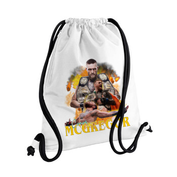 Conor McGregor Notorious, Τσάντα πλάτης πουγκί GYMBAG λευκή, με τσέπη (40x48cm) & χονδρά κορδόνια