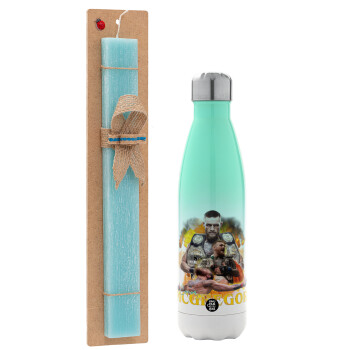 Conor McGregor Notorious, Easter Set, Metallic green/white thermos (Stainless steel), double-walled, 500ml & scented flat Easter candle (30cm) (TURQUOISE)