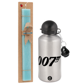 James Bond 007, Easter Set, metallic silver aluminum water bottle (500ml) & scented flat Easter candle (30cm) (TURQUOISE)