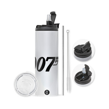 James Bond 007, Travel Tumbler θερμό με διπλό καπάκι, μεταλλικό καλαμάκι και βούρτσα καθαρισμού (Ανωξείδωτο 304 Food grade, BPA free, 600ml)