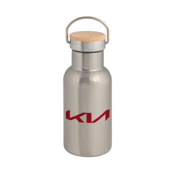 KIA, Stainless steel metallic thermos flask, silver with a bamboo lid, double-walled, 350ml.