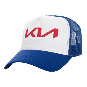 KIA, Adult Structured Trucker Hat, with Mesh, WHITE/BLUE (100% COTTON, ADULT, UNISEX, ONE SIZE)