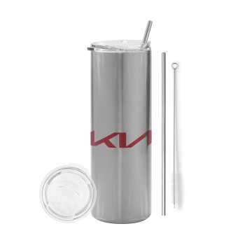 KIA, Eco friendly ποτήρι θερμό Ασημένιο (tumbler) από ανοξείδωτο ατσάλι 600ml, με μεταλλικό καλαμάκι & βούρτσα καθαρισμού