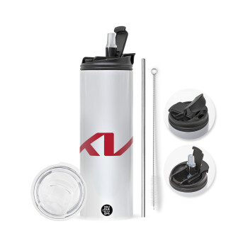 KIA, Travel Tumbler 2 Lids, with metal straw & cleaning brush (Stainless steel 304 Food grade, BPA free, 600ml)