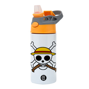 Onepiece skull, Children's hot water bottle, stainless steel, with safety straw, Orange/Grey (360ml) BPA-FREE