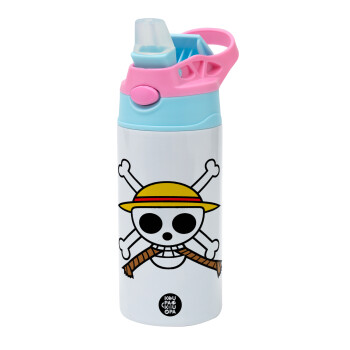 Onepiece skull, Children's hot water bottle, stainless steel, with safety straw, Pink/BlueCiel (360ml) BPA FREE