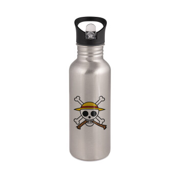 Onepiece skull, Water bottle Silver with straw, stainless steel 600ml