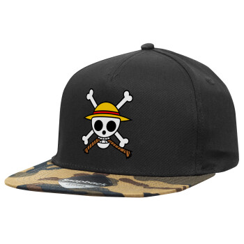 Onepiece skull, Καπέλο Ενηλίκων Flat Snapback Μαύρο/Παραλλαγή, (100% ΒΑΜΒΑΚΕΡΟ TWILL, ΕΝΗΛΙΚΩΝ, UNISEX, ONE SIZE)