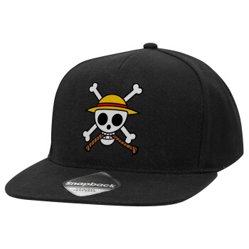 Onepiece skull, Adult Flat Snapback Hat Black, (100% COTTON TWILL, ADULT, UNISEX, ONE SIZE)