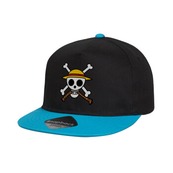 Onepiece skull, Καπέλο παιδικό Flat Snapback, Μαύρο/Μπλε (100% ΒΑΜΒΑΚΕΡΟ, ΠΑΙΔΙΚΟ, UNISEX, ONE SIZE)