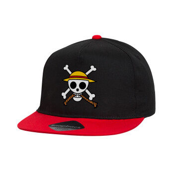 Onepiece skull, Καπέλο παιδικό Flat Snapback, Μαύρο/Κόκκινο (100% ΒΑΜΒΑΚΕΡΟ, ΠΑΙΔΙΚΟ, UNISEX, ONE SIZE)