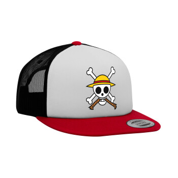 Onepiece skull, Καπέλο Ενηλίκων Foam Flat Snapback με Δίχτυ Κόκκινο-Λευκό-Μαύρο (POLYESTER, ΕΝΗΛΙΚΩΝ, UNISEX, ONE SIZE)