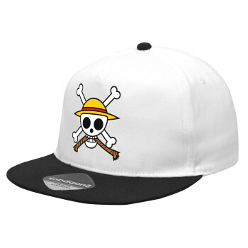 Onepiece skull, Καπέλο Ενηλίκων Flat Snapback Λευκό/Μαύρο, (100% ΒΑΜΒΑΚΕΡΟ Twill, ΕΝΗΛΙΚΩΝ, UNISEX, ONE SIZE)