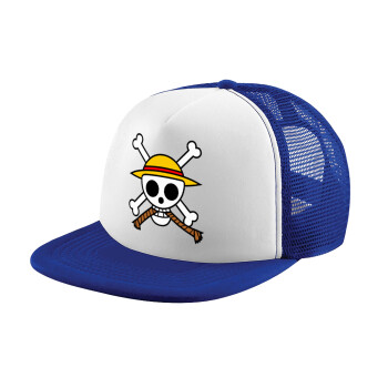 Onepiece skull, Child's Soft Trucker Hat with Blue/White Mesh (POLYESTER, CHILD, ONE SIZE)