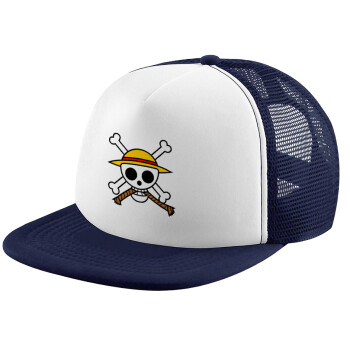 Onepiece skull, Adult Soft Trucker Hat with Dark Blue/White Mesh (POLYESTER, ADULT, UNISEX, ONE SIZE)