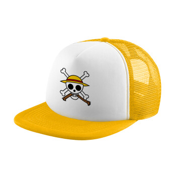 Onepiece skull, Adult Soft Trucker Hat with Yellow/White Mesh (POLYESTER, ADULT, UNISEX, ONE SIZE)