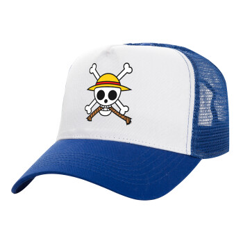 Onepiece skull, Adult Structured Trucker Hat, with Mesh, WHITE/BLUE (100% COTTON, ADULT, UNISEX, ONE SIZE)