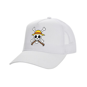 Onepiece skull, Structured Trucker Adult Hat, with Mesh, WHITE (100% COTTON, ADULT, UNISEX, ONE SIZE)