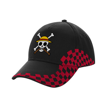 Onepiece skull, Καπέλο Ενηλίκων Ultimate ΜΑΥΡΟ/ΚΟΚΚΙΝΟ RACING, (100% ΒΑΜΒΑΚΕΡΟ DRILL, ΕΝΗΛΙΚΩΝ, UNISEX, ONE SIZE)