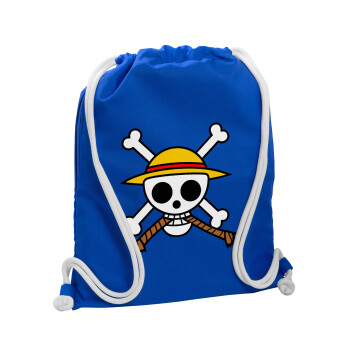 Onepiece skull, Backpack pouch GYMBAG Blue, with pocket (40x48cm) & thick cords