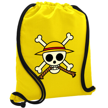 Onepiece skull, Backpack pouch GYMBAG Yellow, with pocket (40x48cm) & thick cords