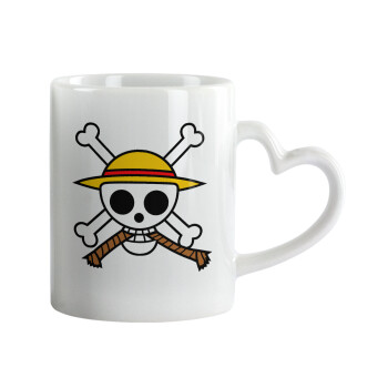 Onepiece skull, Κούπα καρδιά χερούλι λευκή, κεραμική, 330ml