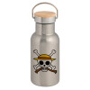 Stainless steel metallic thermos flask, silver with a bamboo lid, double-walled, 350ml.