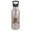 Water bottle Silver with straw, stainless steel 600ml