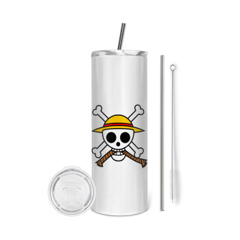 Onepiece skull, Tumbler ποτήρι θερμό από ανοξείδωτο ατσάλι 600ml, με μεταλλικό καλαμάκι & βούρτσα καθαρισμού