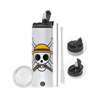 Onepiece skull, Travel Tumbler θερμό με διπλό καπάκι, μεταλλικό καλαμάκι και βούρτσα καθαρισμού (Ανωξείδωτο 304 Food grade, BPA free, 600ml)