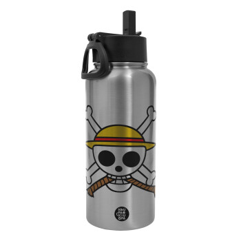 Onepiece skull, Metal mug thermo Silver with Straw and Spout Lid (Stainless steel), double wall, 950ml