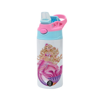 Barbie mermaid , Children's hot water bottle, stainless steel, with safety straw, Pink/BlueCiel (360ml) BPA FREE