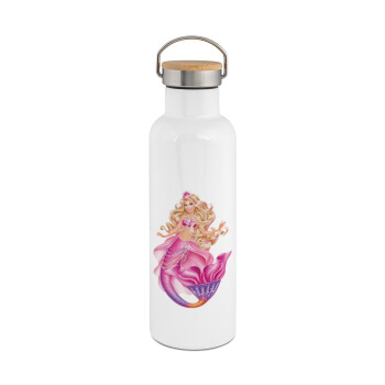 Barbie mermaid , Stainless steel White with wooden lid (bamboo), double wall, 750ml