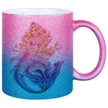 Barbie mermaid , Κούπα Χρυσή/Μπλε Glitter, κεραμική, 330ml