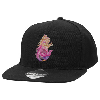 Barbie mermaid , Adult Flat Snapback Hat Black, (100% COTTON TWILL, ADULT, UNISEX, ONE SIZE)