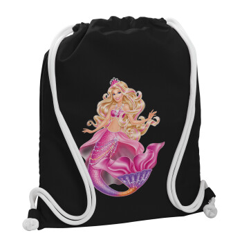 Barbie γοργόνα , Τσάντα πλάτης πουγκί GYMBAG Μαύρη, με τσέπη (40x48cm) & χονδρά λευκά κορδόνια