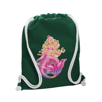 Barbie mermaid , Τσάντα πλάτης πουγκί GYMBAG BOTTLE GREEN, με τσέπη (40x48cm) & χονδρά λευκά κορδόνια