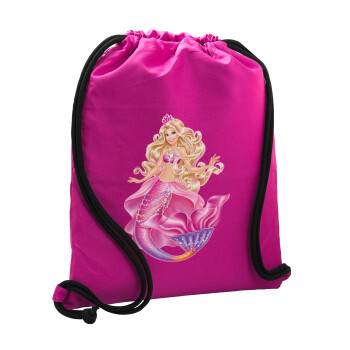 Barbie γοργόνα , Τσάντα πλάτης πουγκί GYMBAG Φούξια, με τσέπη (40x48cm) & χονδρά κορδόνια