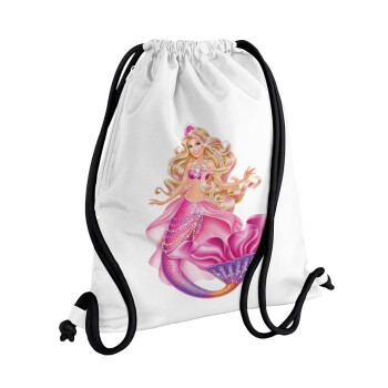 Barbie mermaid , Τσάντα πλάτης πουγκί GYMBAG λευκή, με τσέπη (40x48cm) & χονδρά κορδόνια