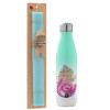 Easter Set, Metallic green/white thermos (Stainless steel), double-walled, 500ml & scented flat Easter candle (30cm) (TURQUOISE)