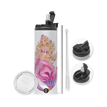 Barbie γοργόνα , Travel Tumbler θερμό με διπλό καπάκι, μεταλλικό καλαμάκι και βούρτσα καθαρισμού (Ανωξείδωτο 304 Food grade, BPA free, 600ml)