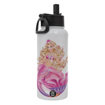 Barbie mermaid , Metal mug thermo White with Straw and Spout Lid (Stainless steel), double wall, 950ml