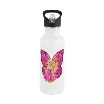 A fairy Barbie, White water bottle with straw, stainless steel 600ml