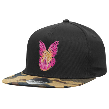 A fairy Barbie, Adult Flat Snapback Hat Black/Camouflage, (100% COTTON TWILL, ADULT, UNISEX, ONE SIZE)