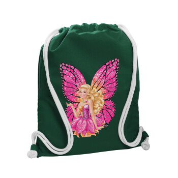 A fairy Barbie, Τσάντα πλάτης πουγκί GYMBAG BOTTLE GREEN, με τσέπη (40x48cm) & χονδρά λευκά κορδόνια