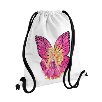 A fairy Barbie, Τσάντα πλάτης πουγκί GYMBAG λευκή, με τσέπη (40x48cm) & χονδρά κορδόνια