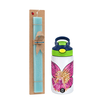 A fairy Barbie, Easter Set, Children's thermal stainless steel bottle with safety straw, green/blue (350ml) & aromatic flat Easter candle (30cm) (TURQUOISE)