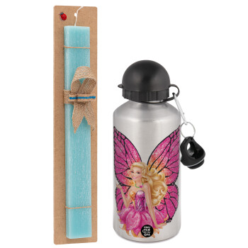 A fairy Barbie, Easter Set, metallic silver aluminum water bottle (500ml) & scented flat Easter candle (30cm) (TURQUOISE)